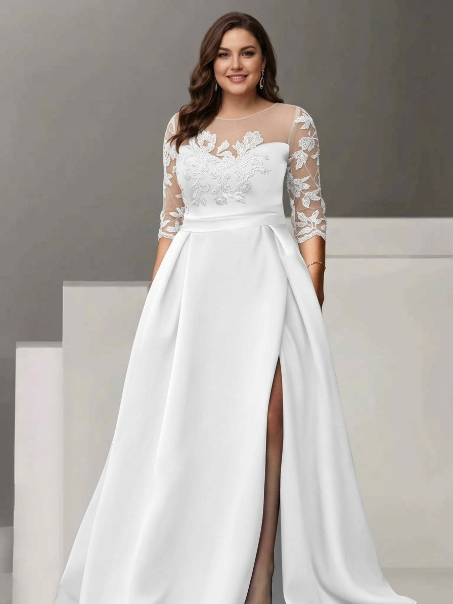 A Line Princess Sweetheart 3 4 Sleeves Floor Length Plus Size Mother Of The Bride Dresses With Lace Split Side