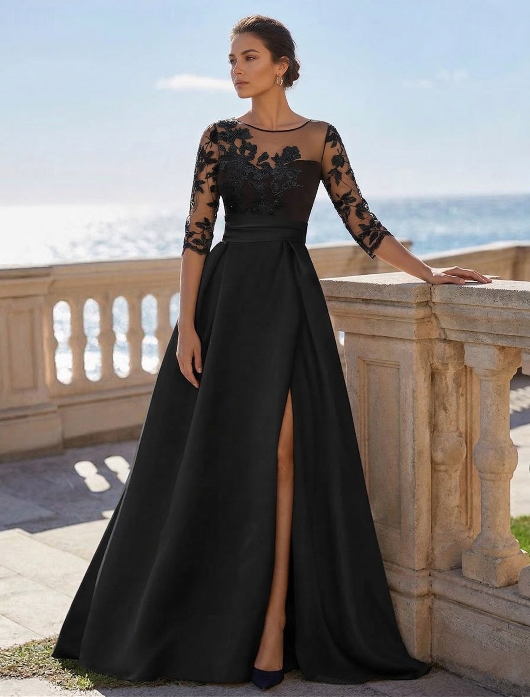 A Line Princess Sweetheart 3 4 Sleeves Floor Length Mother Of The Bride Dresses With Lace Split Side
