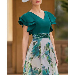 A Line Princess V Neck Short Sleeve Floral Ankle Length Mother Of The Bride Dresses