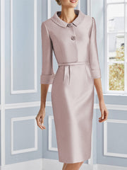 Two Piece Sheath Column Jewel Neck Knee Length Satin Short Sleeve Mother Of The Bride Dresses With Pearls