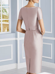 Two Piece Sheath Column Jewel Neck Knee Length Satin Short Sleeve Mother Of The Bride Dresses With Pearls