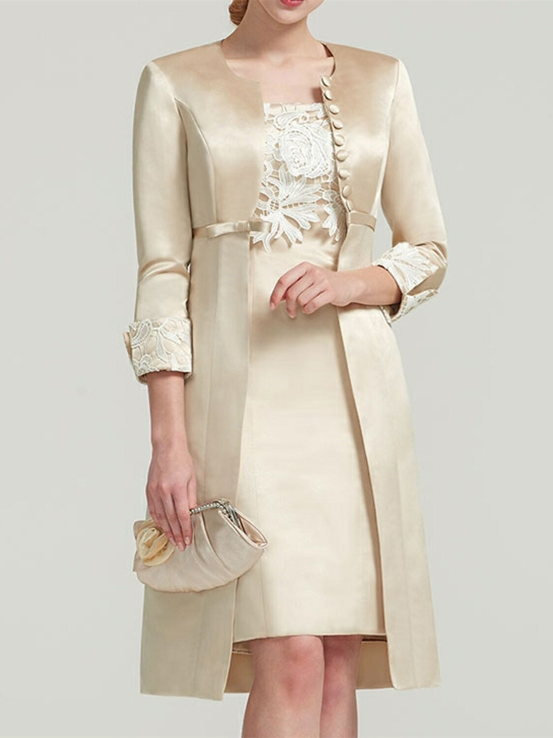 Sheath Column Square Neck Knee Length Satin Lace Short Sleeve Mother Of The Bride Dress With Pleats Appliques