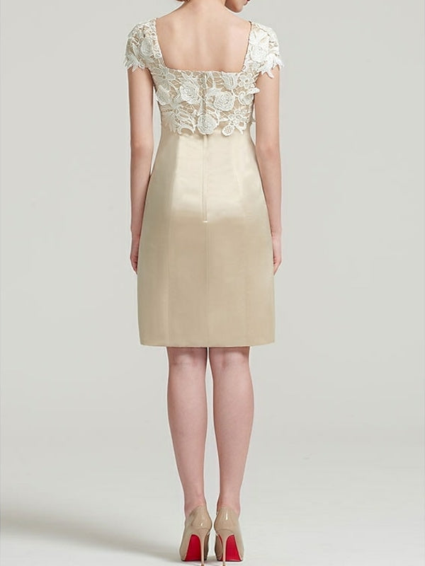 Sheath Column Square Neck Knee Length Satin Lace Short Sleeve Mother Of The Bride Dress With Pleats Appliques
