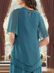 A Line Princess Jewel Neck Short Sleeves Floor Length Mother Of The Bride Dress With Pleats Beading