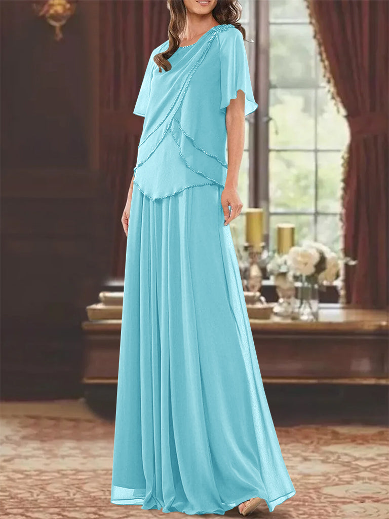 A Line Princess Jewel Neck Short Sleeves Floor Length Mother Of The Bride Dress With Pleats Beading