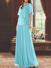 A Line Princess Jewel Neck Short Sleeves Floor Length Mother Of The Bride Dress With Pleats Beading