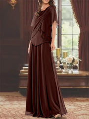 A Line Princess Jewel Neck Short Sleeves Floor Length Mother Of The Bride Dress With Pleats Beading