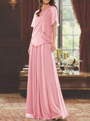 A Line Princess Jewel Neck Short Sleeves Floor Length Mother Of The Bride Dress With Pleats Beading
