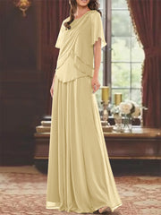 A Line Princess Jewel Neck Short Sleeves Floor Length Mother Of The Bride Dress With Pleats Beading