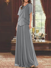 A Line Princess Jewel Neck Short Sleeves Floor Length Mother Of The Bride Dress With Pleats Beading
