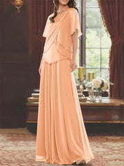 A Line Princess Jewel Neck Short Sleeves Floor Length Mother Of The Bride Dress With Pleats Beading