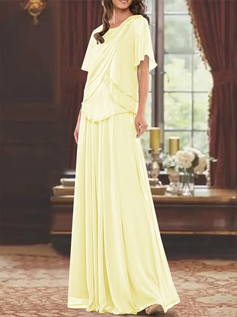 A Line Princess Jewel Neck Short Sleeves Floor Length Mother Of The Bride Dress With Pleats Beading