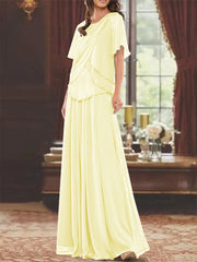 A Line Princess Jewel Neck Short Sleeves Floor Length Mother Of The Bride Dress With Pleats Beading