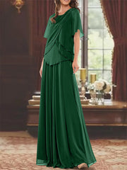A Line Princess Jewel Neck Short Sleeves Floor Length Mother Of The Bride Dress With Pleats Beading