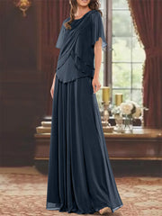 A Line Princess Jewel Neck Short Sleeves Floor Length Mother Of The Bride Dress With Pleats Beading