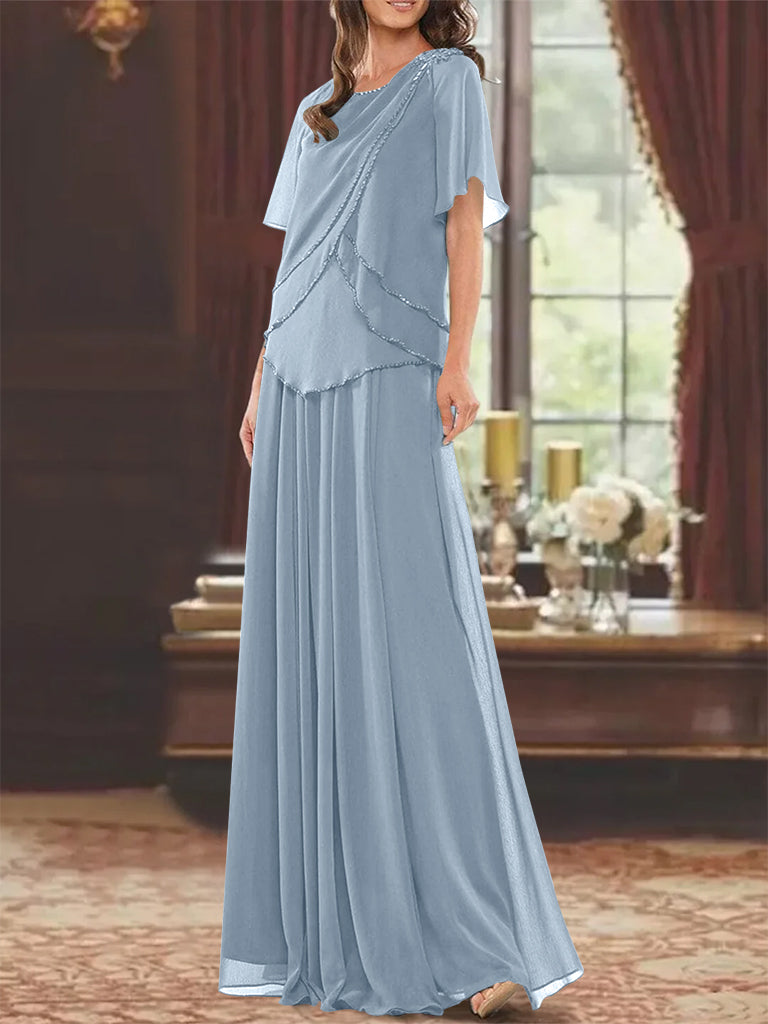 A Line Princess Jewel Neck Short Sleeves Floor Length Mother Of The Bride Dress With Pleats Beading