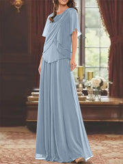 A Line Princess Jewel Neck Short Sleeves Floor Length Mother Of The Bride Dress With Pleats Beading