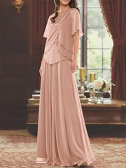 A Line Princess Jewel Neck Short Sleeves Floor Length Mother Of The Bride Dress With Pleats Beading