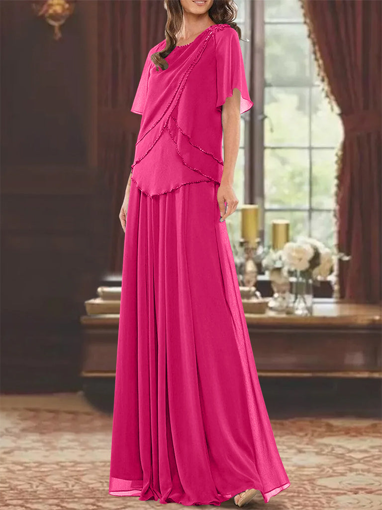 A Line Princess Jewel Neck Short Sleeves Floor Length Mother Of The Bride Dress With Pleats Beading