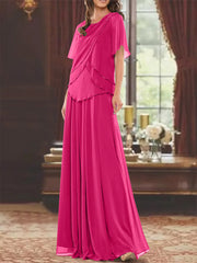 A Line Princess Jewel Neck Short Sleeves Floor Length Mother Of The Bride Dress With Pleats Beading