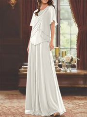 A Line Princess Jewel Neck Short Sleeves Floor Length Mother Of The Bride Dress With Pleats Beading