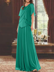 A Line Princess Jewel Neck Short Sleeves Floor Length Mother Of The Bride Dress With Pleats Beading