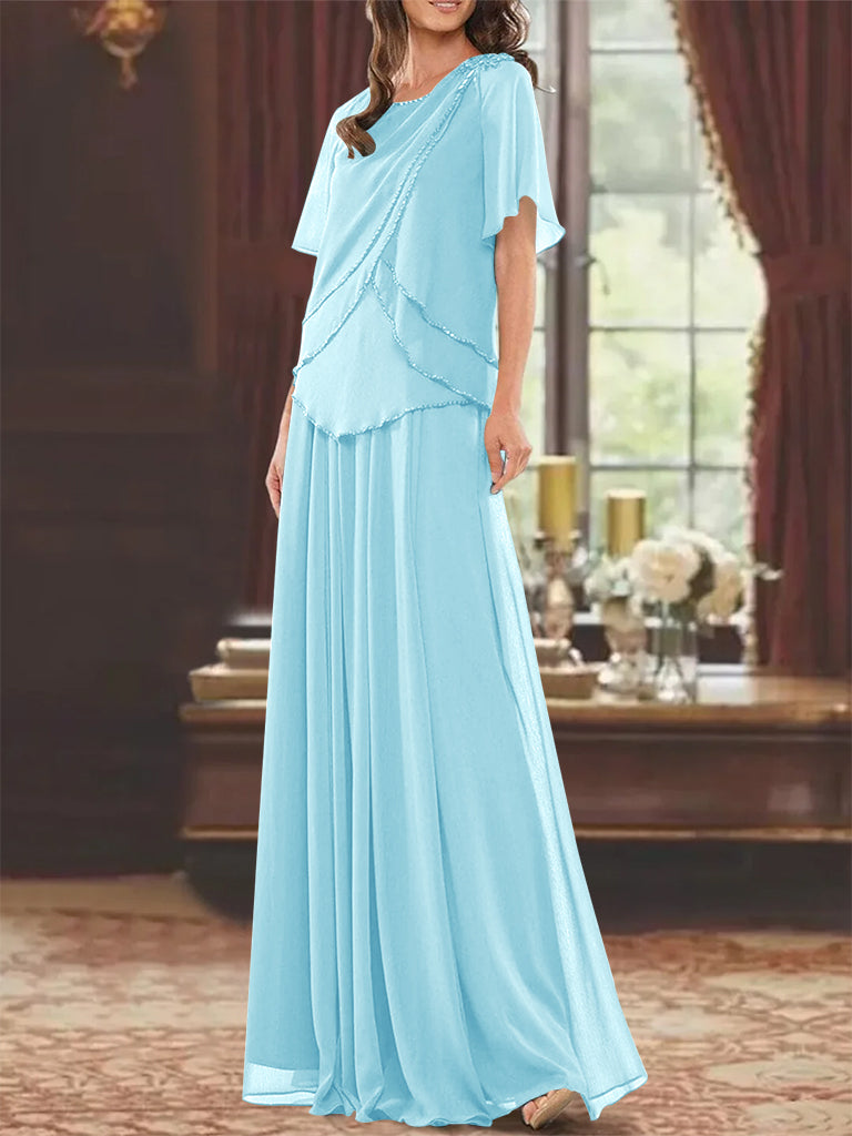A Line Princess Jewel Neck Short Sleeves Floor Length Mother Of The Bride Dress With Pleats Beading