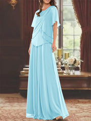 A Line Princess Jewel Neck Short Sleeves Floor Length Mother Of The Bride Dress With Pleats Beading