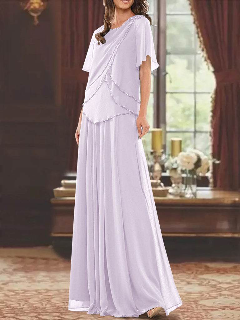 A Line Princess Jewel Neck Short Sleeves Floor Length Mother Of The Bride Dress With Pleats Beading