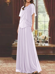 A Line Princess Jewel Neck Short Sleeves Floor Length Mother Of The Bride Dress With Pleats Beading