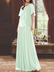 A Line Princess Jewel Neck Short Sleeves Floor Length Mother Of The Bride Dress With Pleats Beading