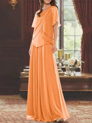 A Line Princess Jewel Neck Short Sleeves Floor Length Mother Of The Bride Dress With Pleats Beading