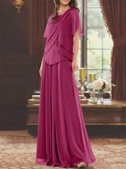 A Line Princess Jewel Neck Short Sleeves Floor Length Mother Of The Bride Dress With Pleats Beading