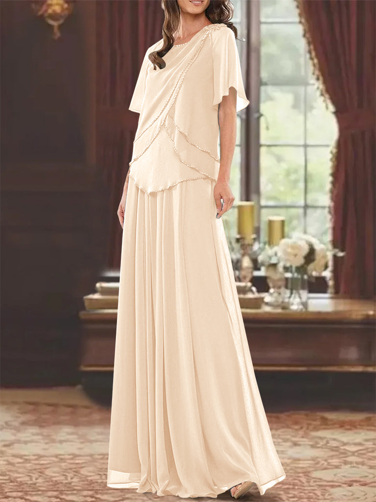 A Line Princess Jewel Neck Short Sleeves Floor Length Mother Of The Bride Dress With Pleats Beading