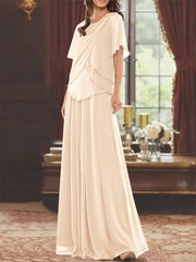 A Line Princess Jewel Neck Short Sleeves Floor Length Mother Of The Bride Dress With Pleats Beading