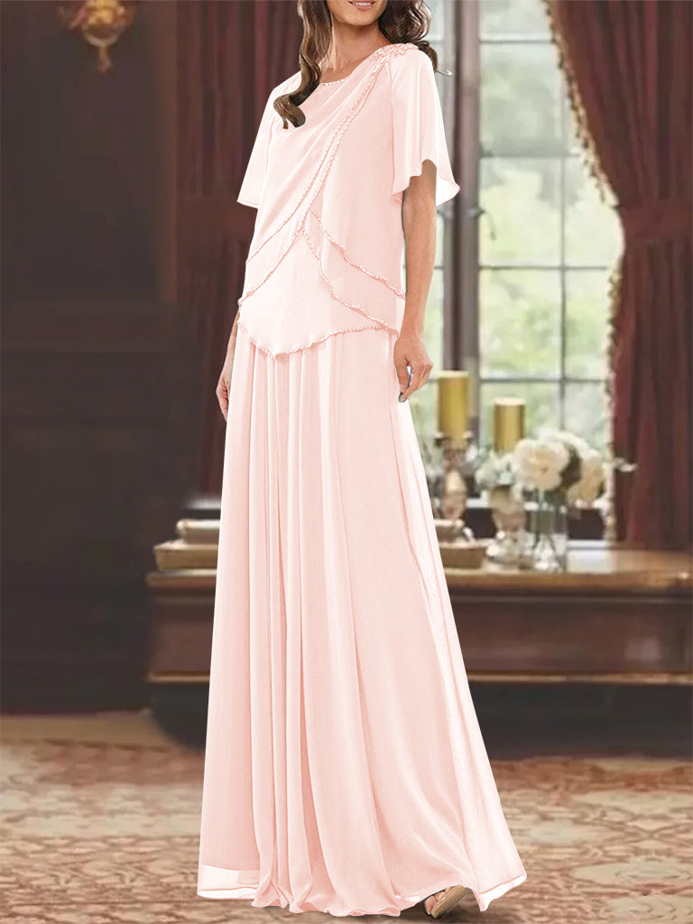 A Line Princess Jewel Neck Short Sleeves Floor Length Mother Of The Bride Dress With Pleats Beading