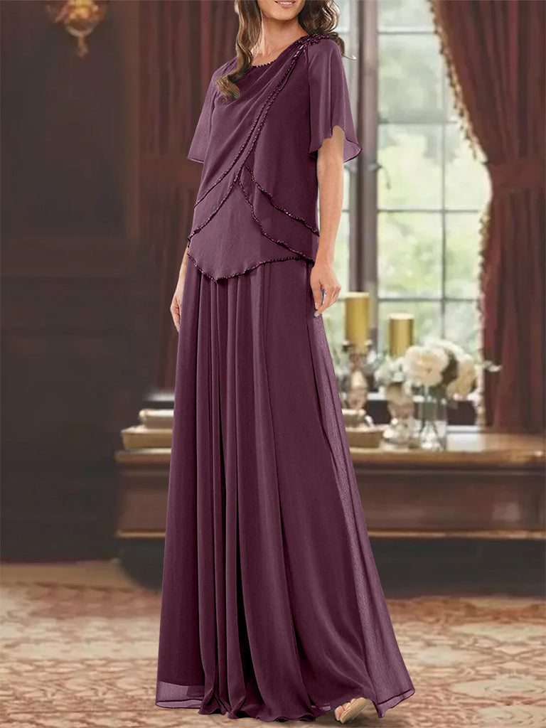 A Line Princess Jewel Neck Short Sleeves Floor Length Mother Of The Bride Dress With Pleats Beading