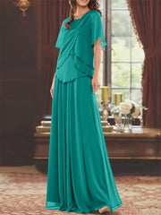 A Line Princess Jewel Neck Short Sleeves Floor Length Mother Of The Bride Dress With Pleats Beading