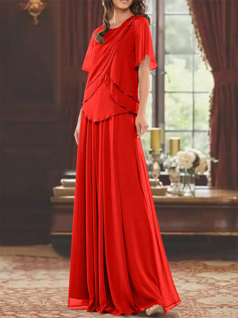 A Line Princess Jewel Neck Short Sleeves Floor Length Mother Of The Bride Dress With Pleats Beading