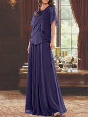 A Line Princess Jewel Neck Short Sleeves Floor Length Mother Of The Bride Dress With Pleats Beading