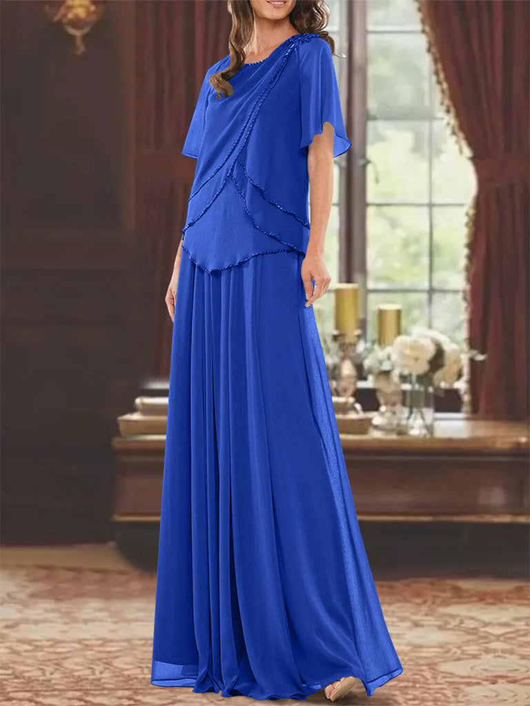 A Line Princess Jewel Neck Short Sleeves Floor Length Mother Of The Bride Dress With Pleats Beading