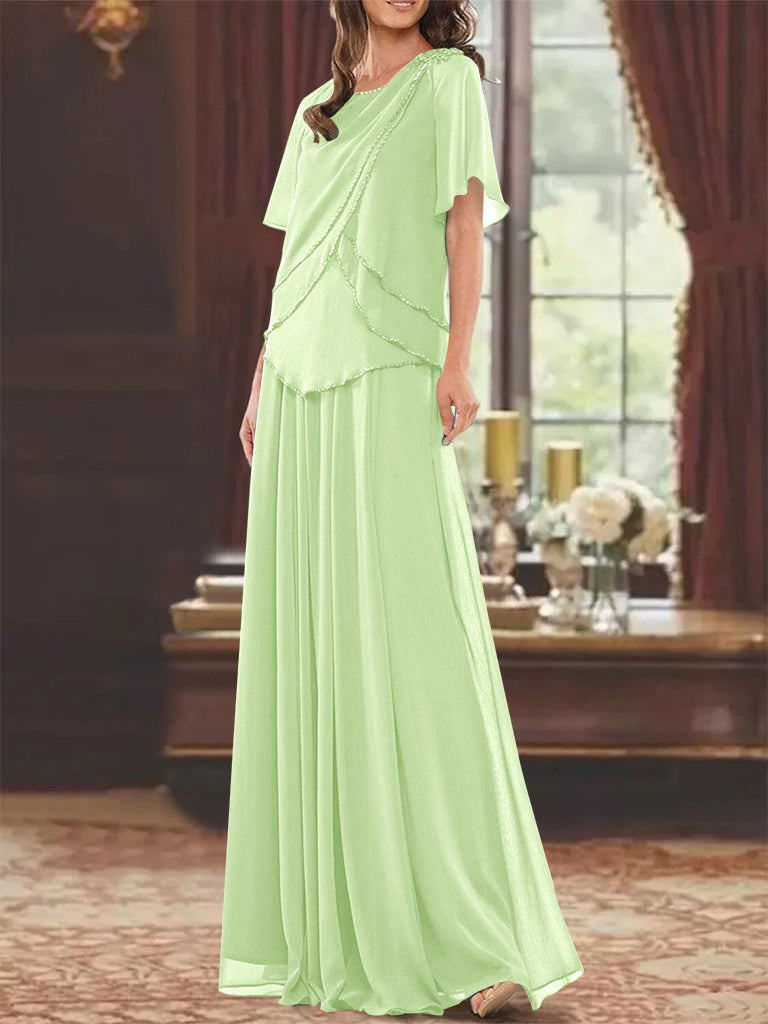 A Line Princess Jewel Neck Short Sleeves Floor Length Mother Of The Bride Dress With Pleats Beading