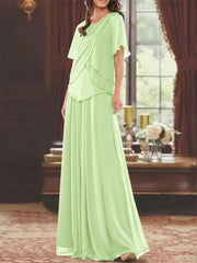 A Line Princess Jewel Neck Short Sleeves Floor Length Mother Of The Bride Dress With Pleats Beading