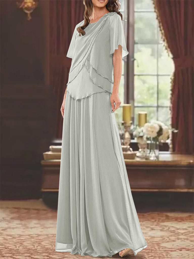A Line Princess Jewel Neck Short Sleeves Floor Length Mother Of The Bride Dress With Pleats Beading