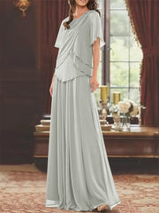 A Line Princess Jewel Neck Short Sleeves Floor Length Mother Of The Bride Dress With Pleats Beading