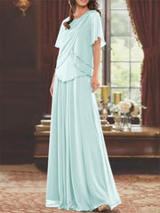 A Line Princess Jewel Neck Short Sleeves Floor Length Mother Of The Bride Dress With Pleats Beading