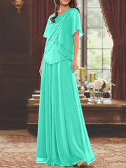 A Line Princess Jewel Neck Short Sleeves Floor Length Mother Of The Bride Dress With Pleats Beading