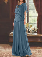 A Line Princess Jewel Neck Short Sleeves Floor Length Mother Of The Bride Dress With Pleats Beading