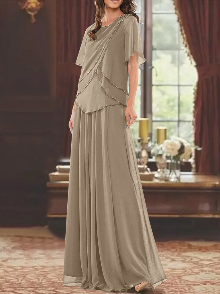 A Line Princess Jewel Neck Short Sleeves Floor Length Mother Of The Bride Dress With Pleats Beading