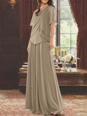 A Line Princess Jewel Neck Short Sleeves Floor Length Mother Of The Bride Dress With Pleats Beading